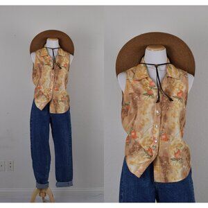 Vintage 80s Colorful Floral Polyester Button Down Blouse size‎ M